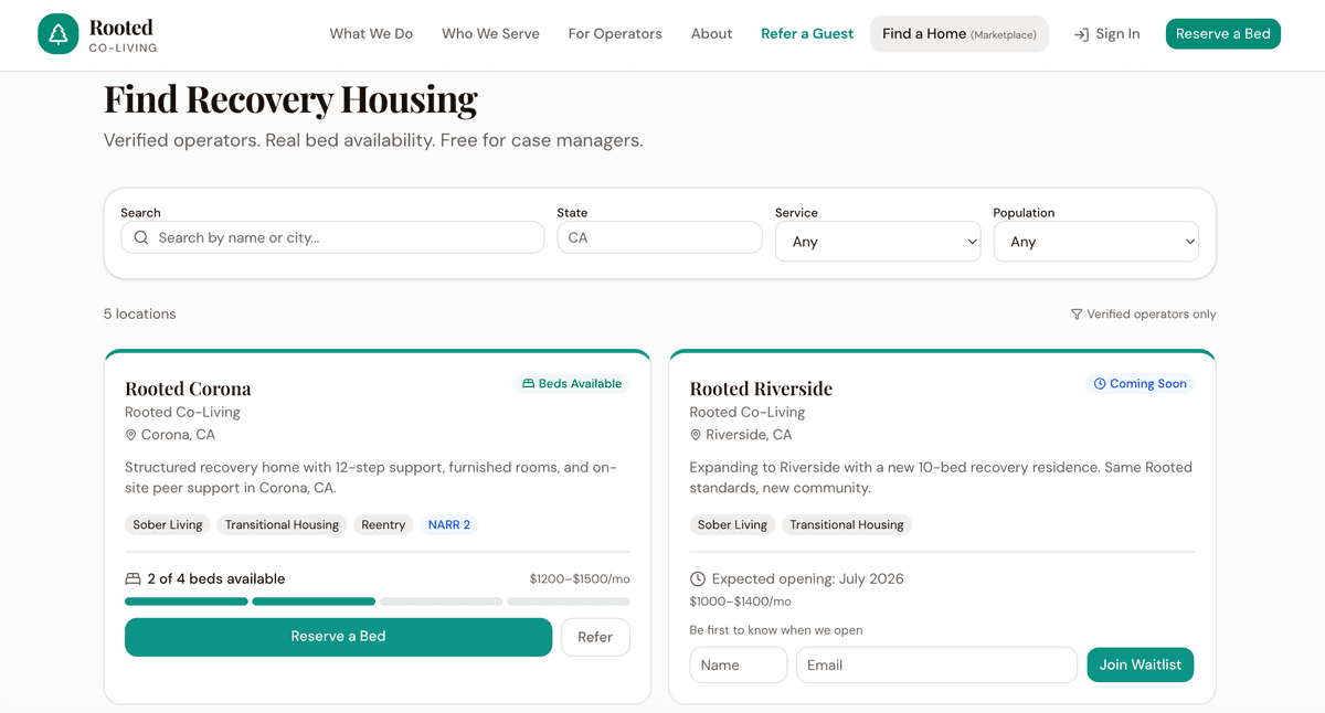 Rooted Marketplace showing operator listings with bed availability